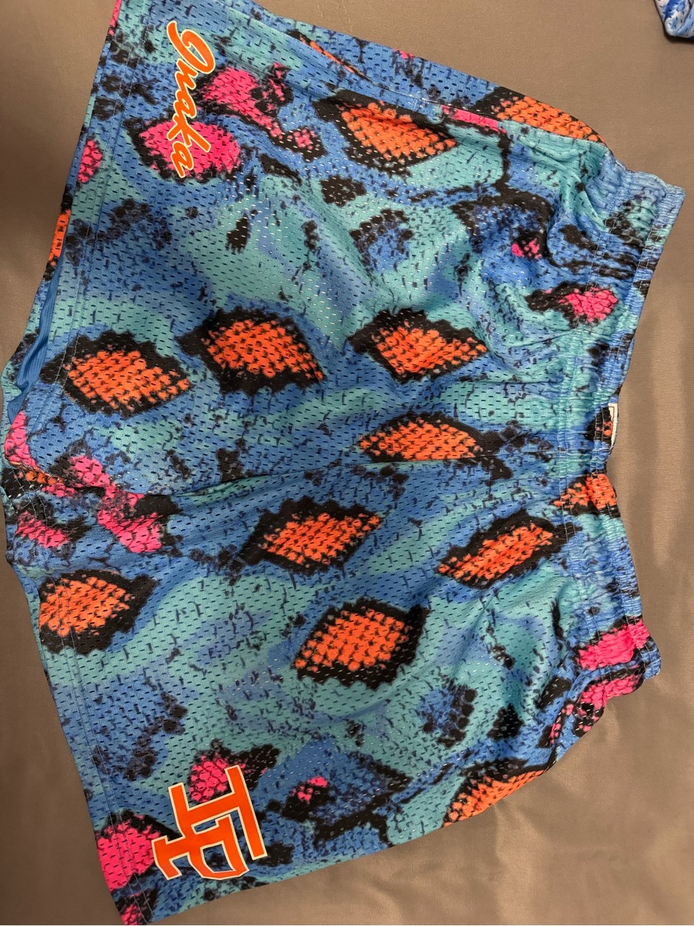 Inaka Power Blue Snake-Print Mesh Shorts